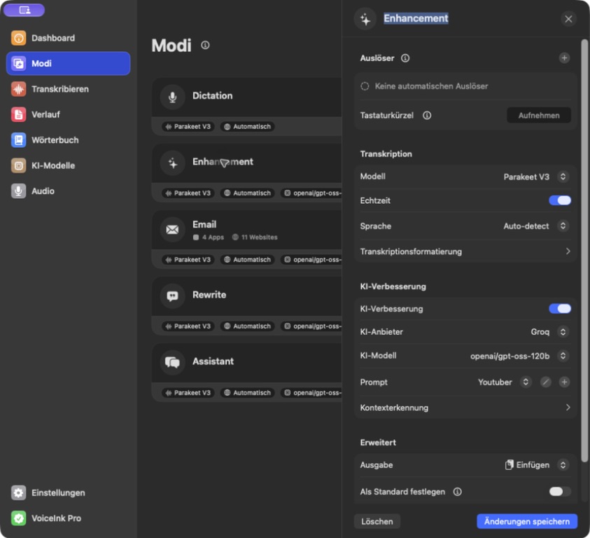 VoiceInk Enhancement mit Parakeet V3, Groq GPT-OSS 120B und dem zugewiesenen Youtuber-Prompt.