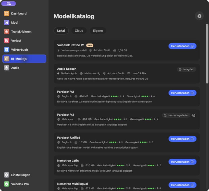 VoiceInk zeigt lokale Transkriptionsmodelle, darunter Parakeet V3.